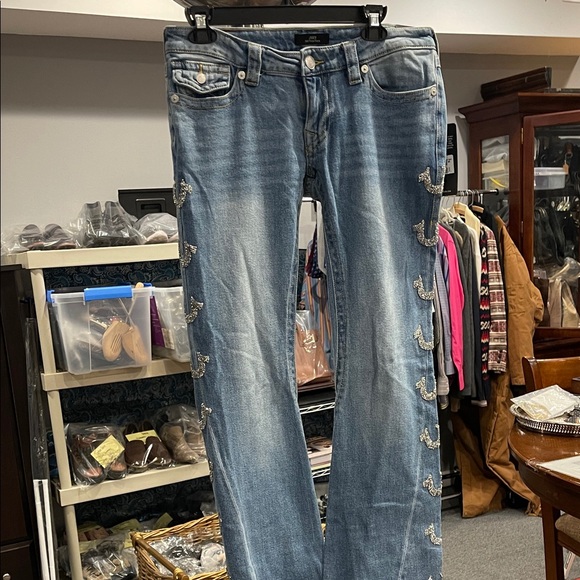 True Religion Denim - True Religion “Joey” Mid-Rise Flap Flare Jeans Size 27 NWT | Embellished Denim